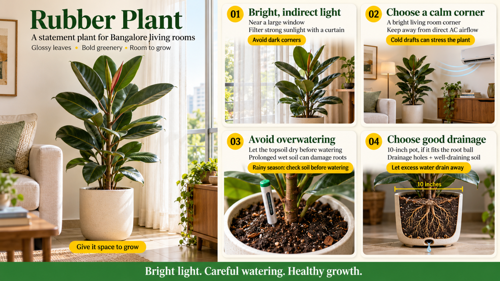 Rubber plant is placed near the window receiving sunlight